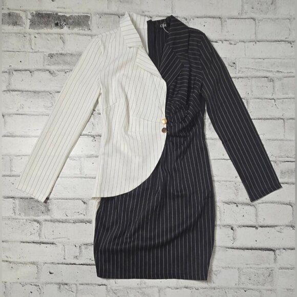 CBR Turn Down Neck Long Sleeve Buttons Striped Patchwork Bodycon Dress ~ NWT - Picture 6 of 16